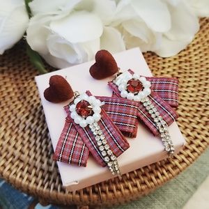 Heart Plaid Ribbons with rhinestones Earrings 💖